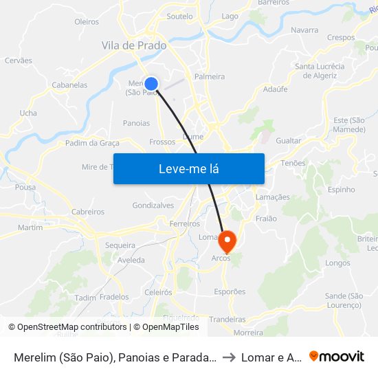 Merelim (São Paio), Panoias e Parada de Tibães to Lomar e Arcos map