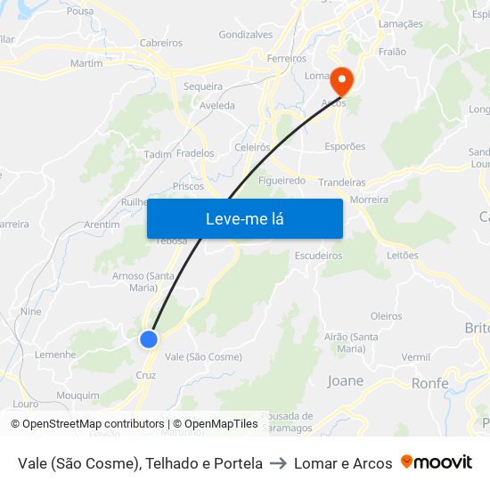 Vale (São Cosme), Telhado e Portela to Lomar e Arcos map