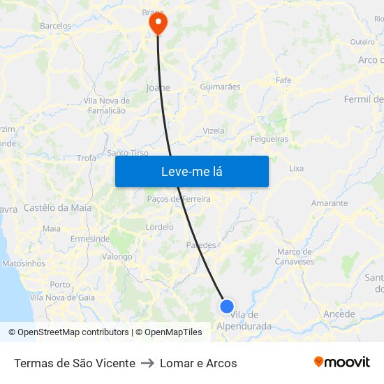 Termas de São Vicente to Lomar e Arcos map