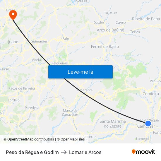 Peso da Régua e Godim to Lomar e Arcos map
