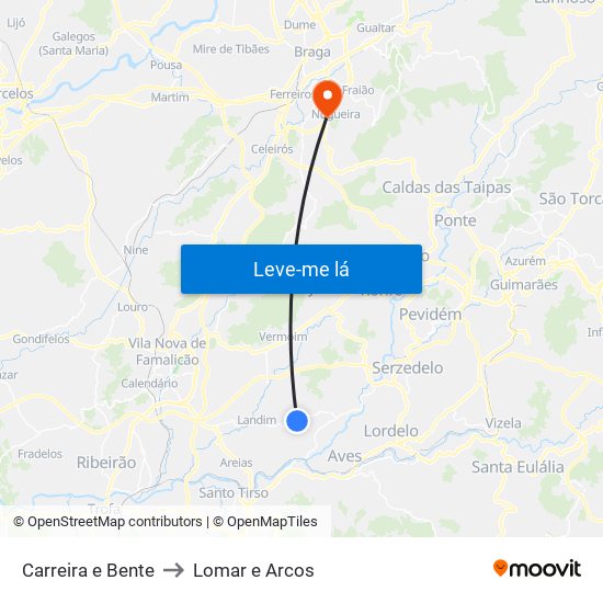Carreira e Bente to Lomar e Arcos map