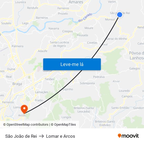 São João de Rei to Lomar e Arcos map