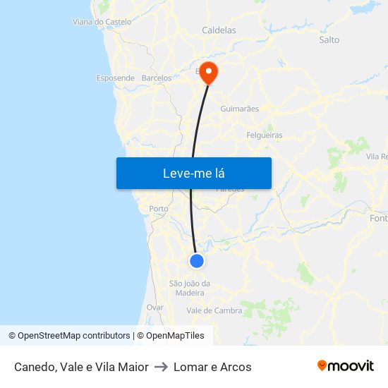 Canedo, Vale e Vila Maior to Lomar e Arcos map