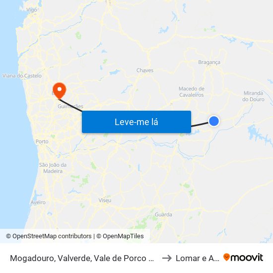 Mogadouro, Valverde, Vale de Porco e Vilar de Rei to Lomar e Arcos map