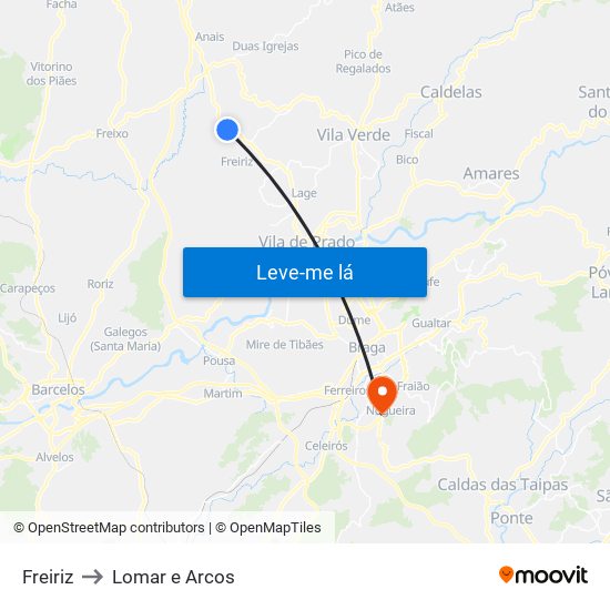Freiriz to Lomar e Arcos map