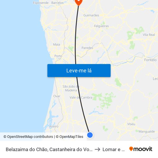 Belazaima do Chão, Castanheira do Vouga e Agadão to Lomar e Arcos map