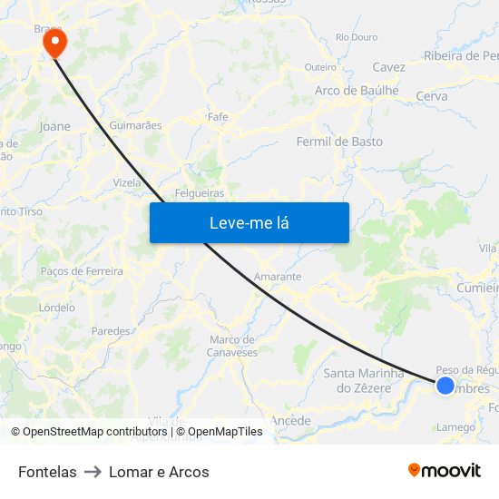 Fontelas to Lomar e Arcos map