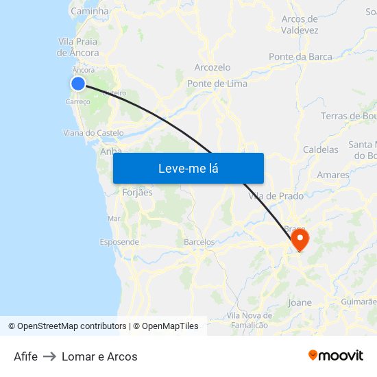 Afife to Lomar e Arcos map