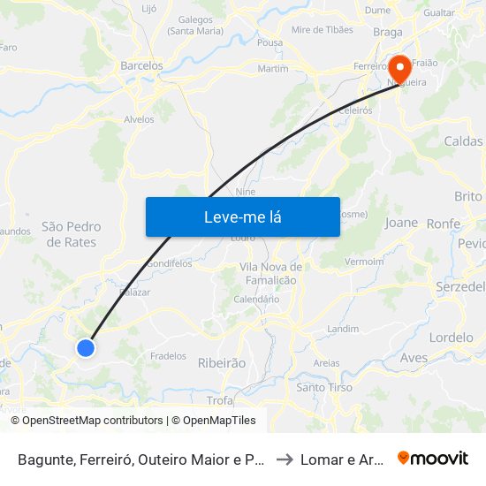 Bagunte, Ferreiró, Outeiro Maior e Parada to Lomar e Arcos map