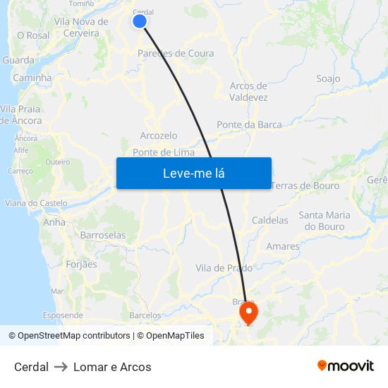 Cerdal to Lomar e Arcos map