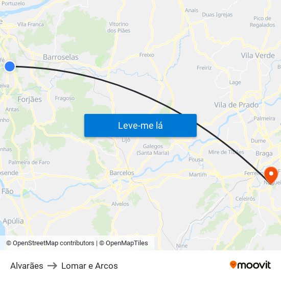 Alvarães to Lomar e Arcos map