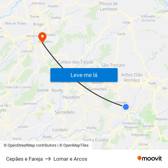 Cepães e Fareja to Lomar e Arcos map