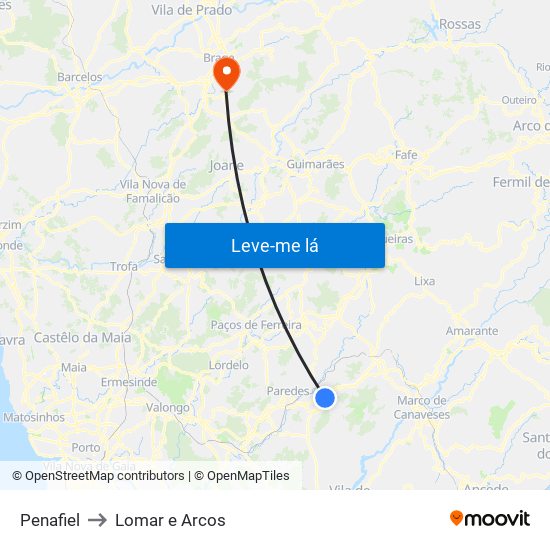 Penafiel to Lomar e Arcos map