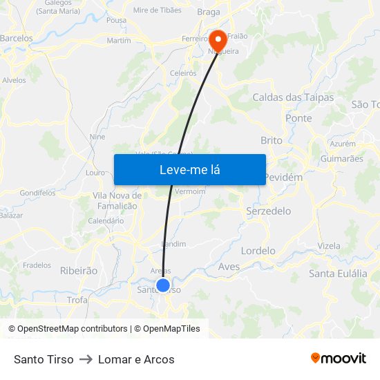 Santo Tirso to Lomar e Arcos map