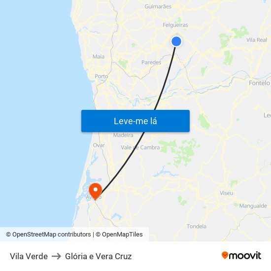 Vila Verde to Glória e Vera Cruz map
