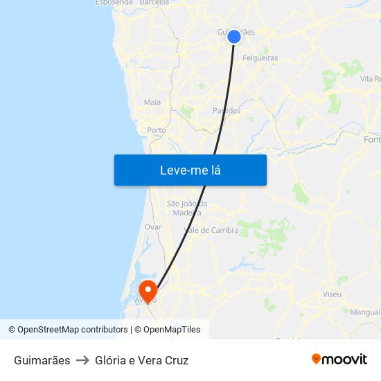 Guimarães to Glória e Vera Cruz map