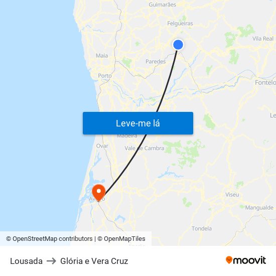 Lousada to Glória e Vera Cruz map