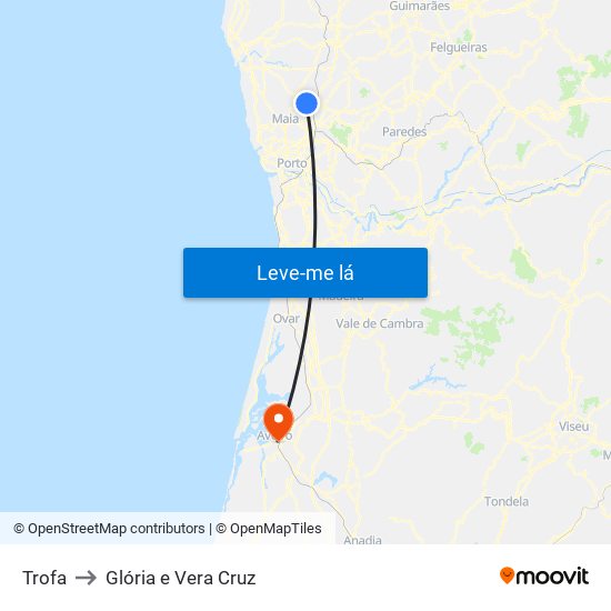 Trofa to Glória e Vera Cruz map