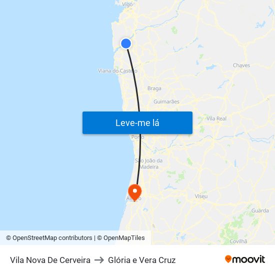 Vila Nova De Cerveira to Glória e Vera Cruz map