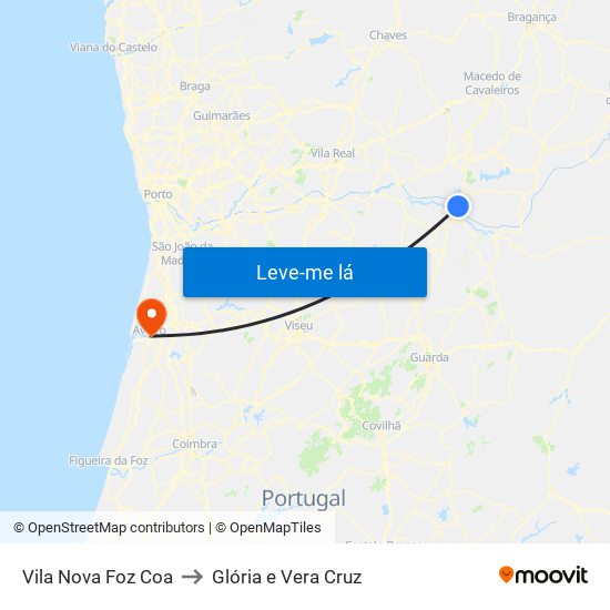 Vila Nova Foz Coa to Glória e Vera Cruz map
