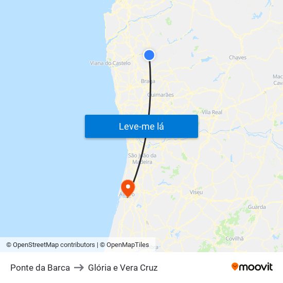 Ponte da Barca to Glória e Vera Cruz map