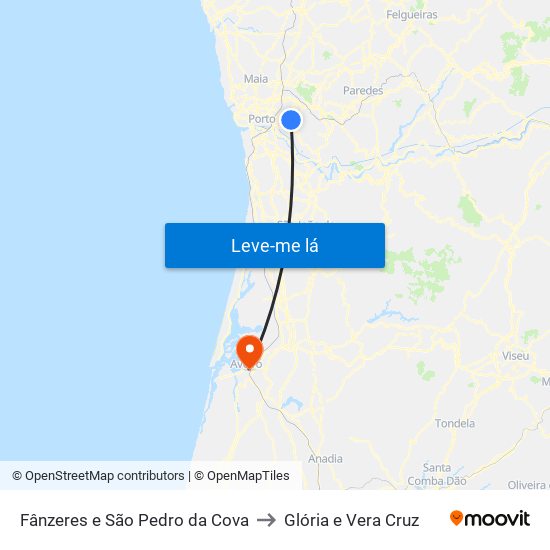 Fânzeres e São Pedro da Cova to Glória e Vera Cruz map