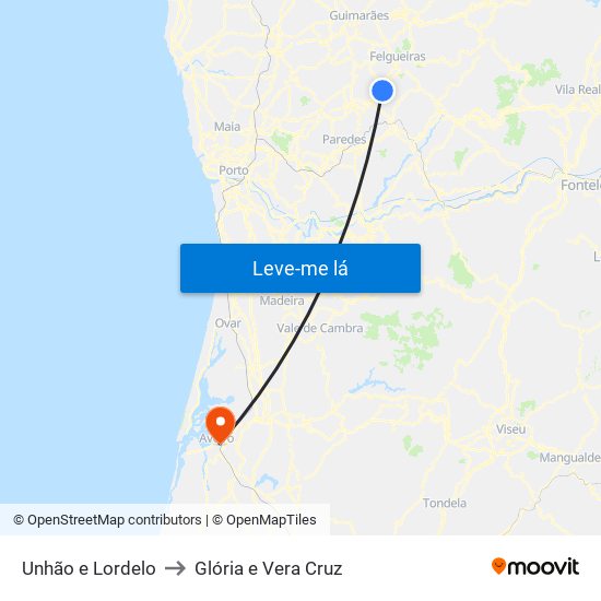 Unhão e Lordelo to Glória e Vera Cruz map