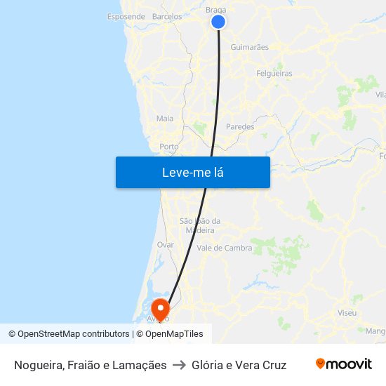 Nogueira, Fraião e Lamaçães to Glória e Vera Cruz map
