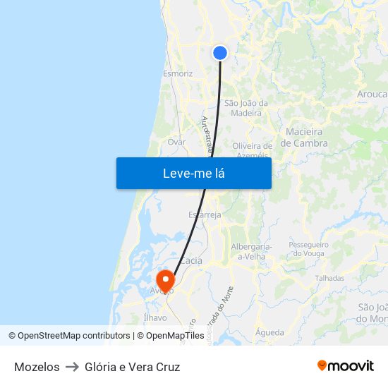 Mozelos to Glória e Vera Cruz map
