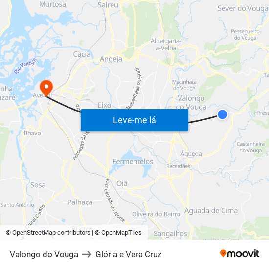 Valongo do Vouga to Glória e Vera Cruz map