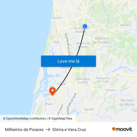 Milheirós de Poiares to Glória e Vera Cruz map