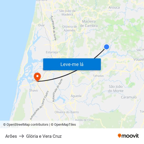 Arões to Glória e Vera Cruz map