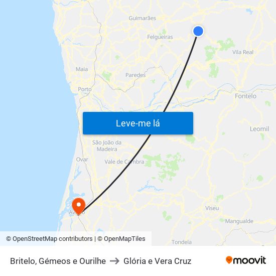 Britelo, Gémeos e Ourilhe to Glória e Vera Cruz map
