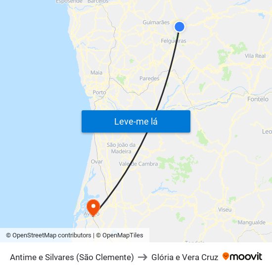 Antime e Silvares (São Clemente) to Glória e Vera Cruz map