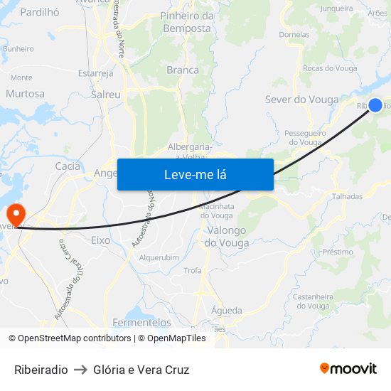 Ribeiradio to Glória e Vera Cruz map