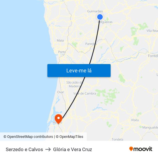 Serzedo e Calvos to Glória e Vera Cruz map