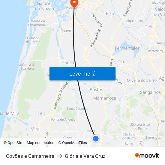 Covões e Camarneira to Glória e Vera Cruz map