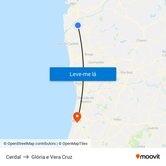 Cerdal to Glória e Vera Cruz map