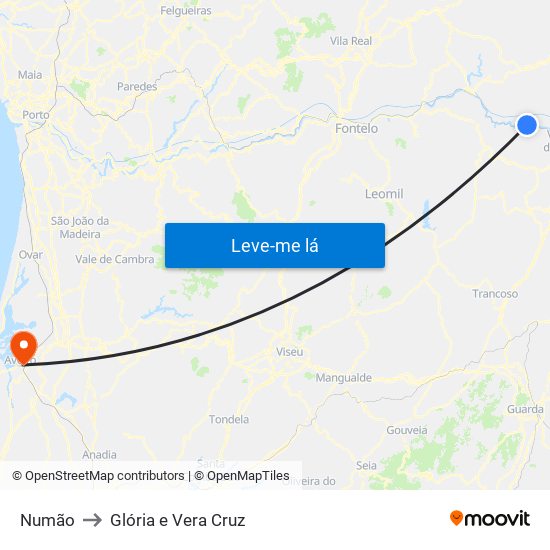 Numão to Glória e Vera Cruz map