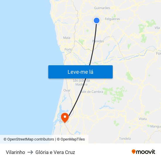 Vilarinho to Glória e Vera Cruz map