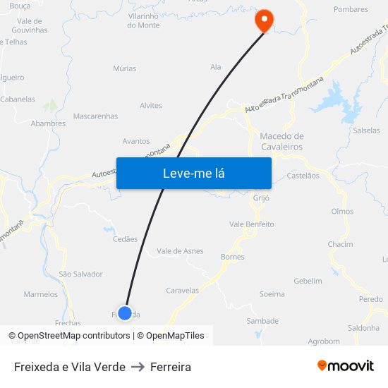 Freixeda e Vila Verde to Ferreira map