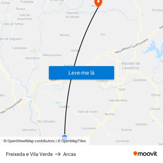 Freixeda e Vila Verde to Arcas map