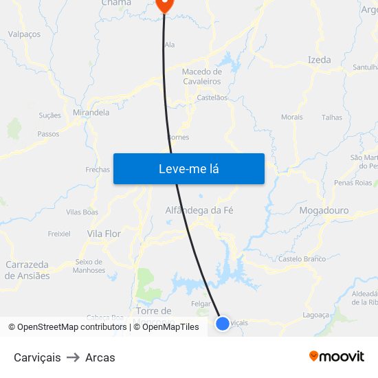 Carviçais to Arcas map