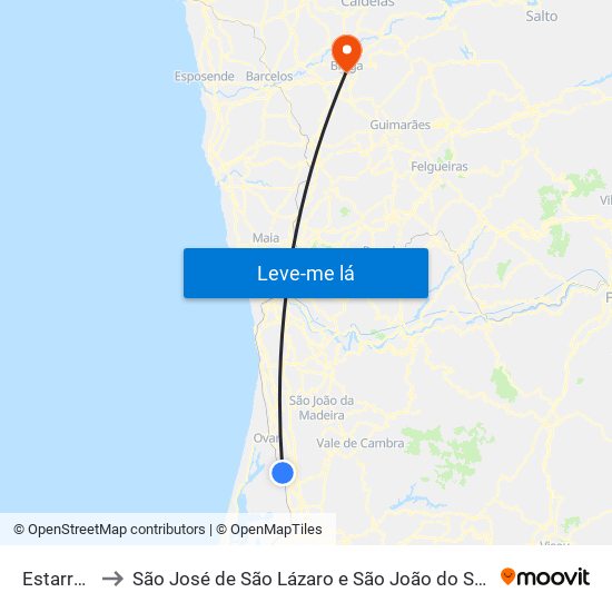 Estarreja to São José de São Lázaro e São João do Souto map