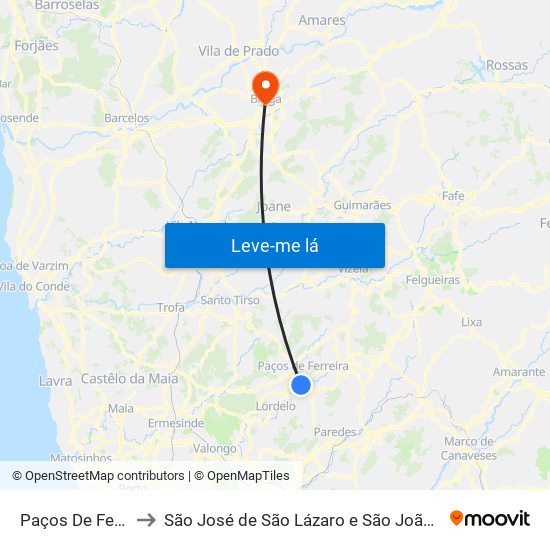 Paços De Ferreira to São José de São Lázaro e São João do Souto map