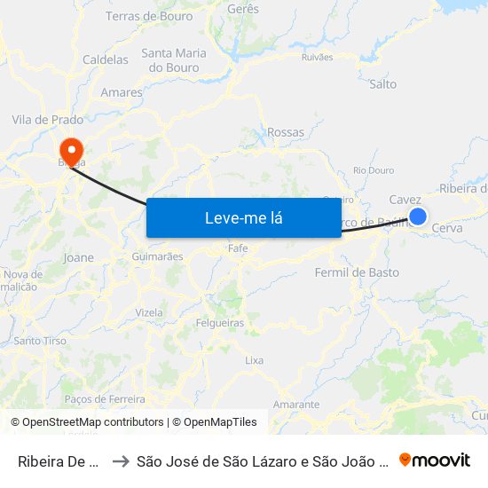 Ribeira De Pena to São José de São Lázaro e São João do Souto map