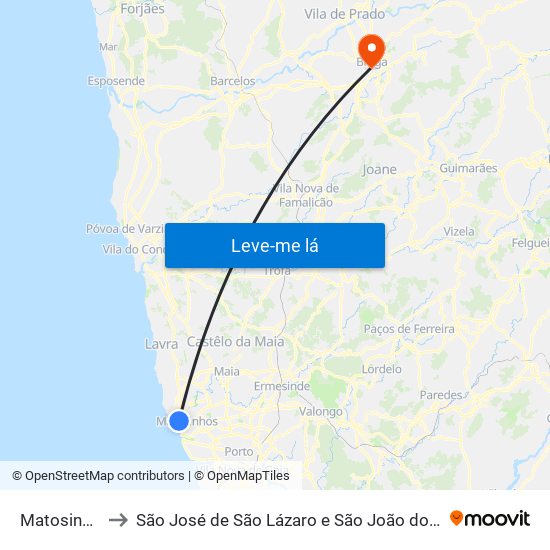 Matosinhos to São José de São Lázaro e São João do Souto map