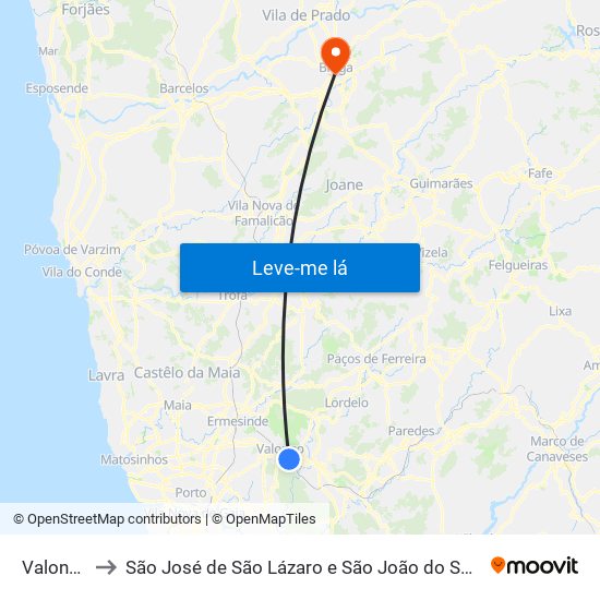 Valongo to São José de São Lázaro e São João do Souto map