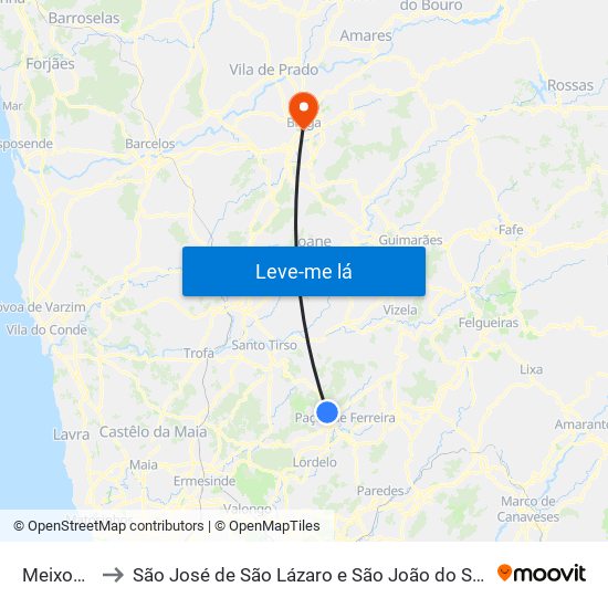 Meixomil to São José de São Lázaro e São João do Souto map