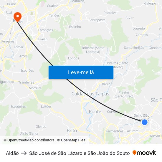 Aldão to São José de São Lázaro e São João do Souto map